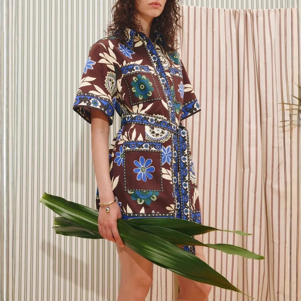Zimmermann Floral Patchwork Belted Mini Dress - Brown & Blue - Picture 3 of 5